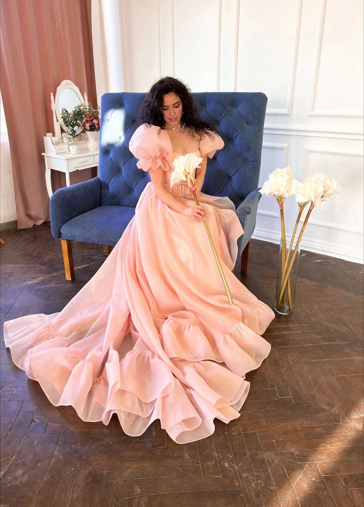 Robe de soirée longue rose en organza pour femme, coupe trapèze, tenue de bal, de fiançailles, à manches bouffantes 