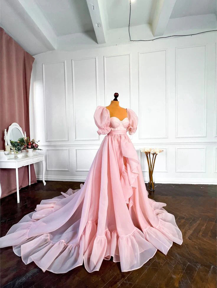 Robe de soirée longue rose en organza pour femme, coupe trapèze, tenue de bal, de fiançailles, à manches bouffantes 