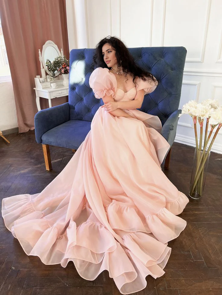 Robe de soirée longue rose en organza pour femme, coupe trapèze, tenue de bal, de fiançailles, à manches bouffantes 
