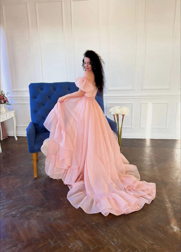 Robe de soirée longue rose en organza pour femme, coupe trapèze, tenue de bal, de fiançailles, à manches bouffantes 