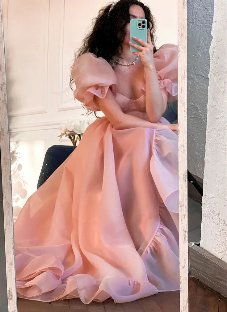 Robe de soirée longue rose en organza pour femme, coupe trapèze, tenue de bal, de fiançailles, à manches bouffantes 