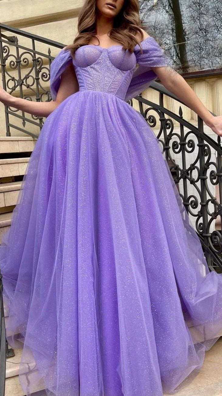 Robe de soirée longue en tulle violet pour femme, coupe trapèze, sans bretelles, style soirée 