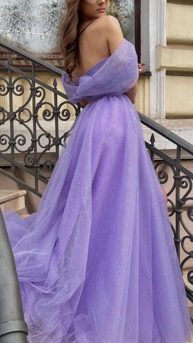 Robe de soirée longue en tulle violet pour femme, coupe trapèze, sans bretelles, style soirée 