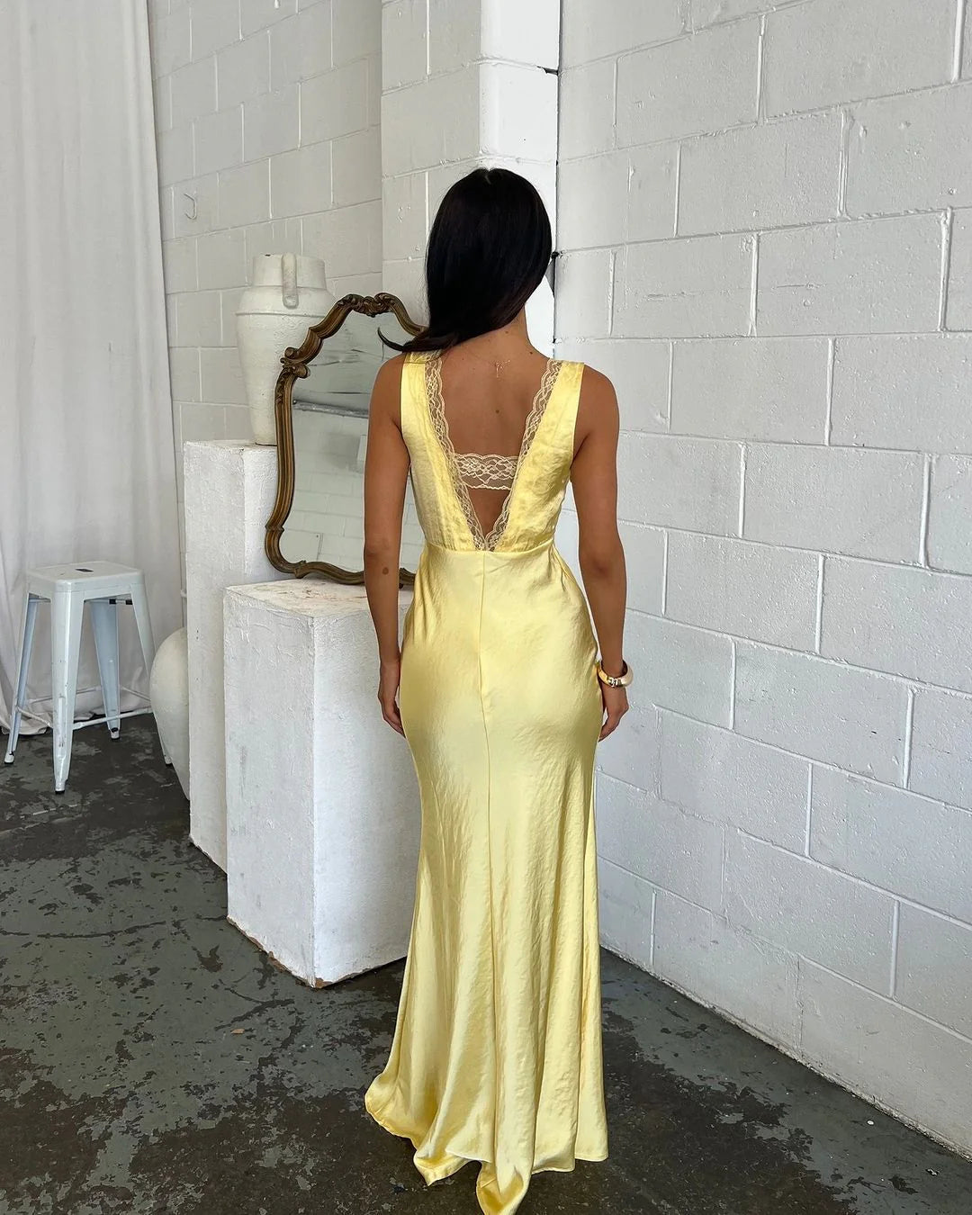 Weitese Formal Women's Dresses Lace V Neck Yellow Sheath Long Prom Dress Formal Evening Party Dress Prom Dresses Stores