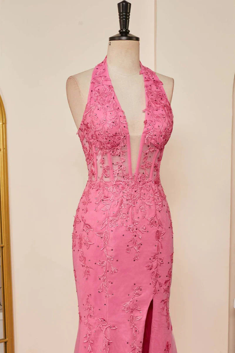 Vestidos formales Weitese para mujer, vestido de fiesta largo de encaje con cuello halter rosa intenso, vestido formal de sirena con apliques, ropa de fiesta. 
