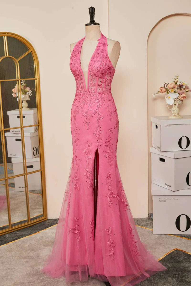 Vestidos formales Weitese para mujer, vestido de fiesta largo de encaje con cuello halter rosa intenso, vestido formal de sirena con apliques, ropa de fiesta. 