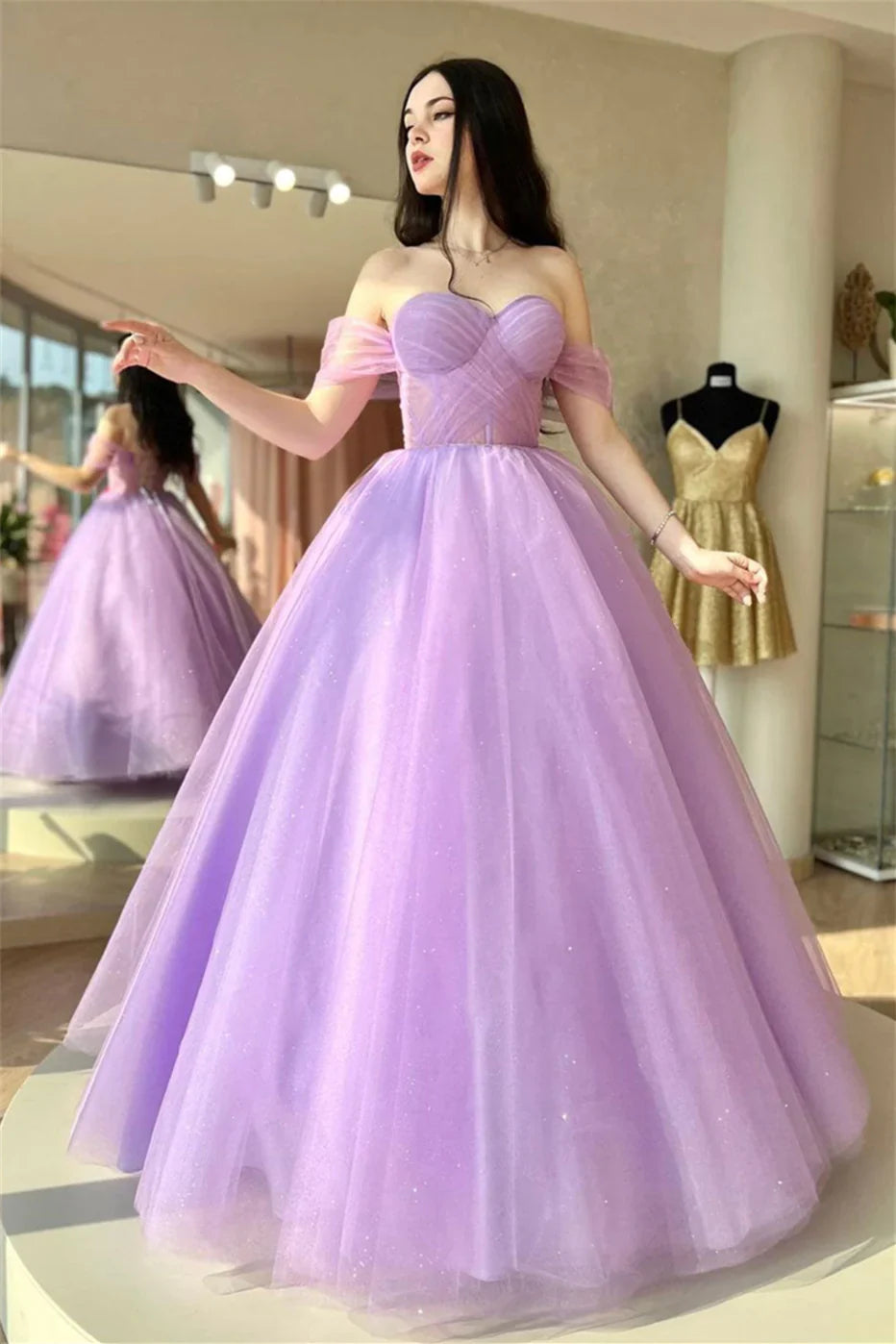 Weitese Formal Women's Dresses Lilac Off-the-Shoulder Lace-Up Tulle Long Prom Dress Prom Dresses Stores