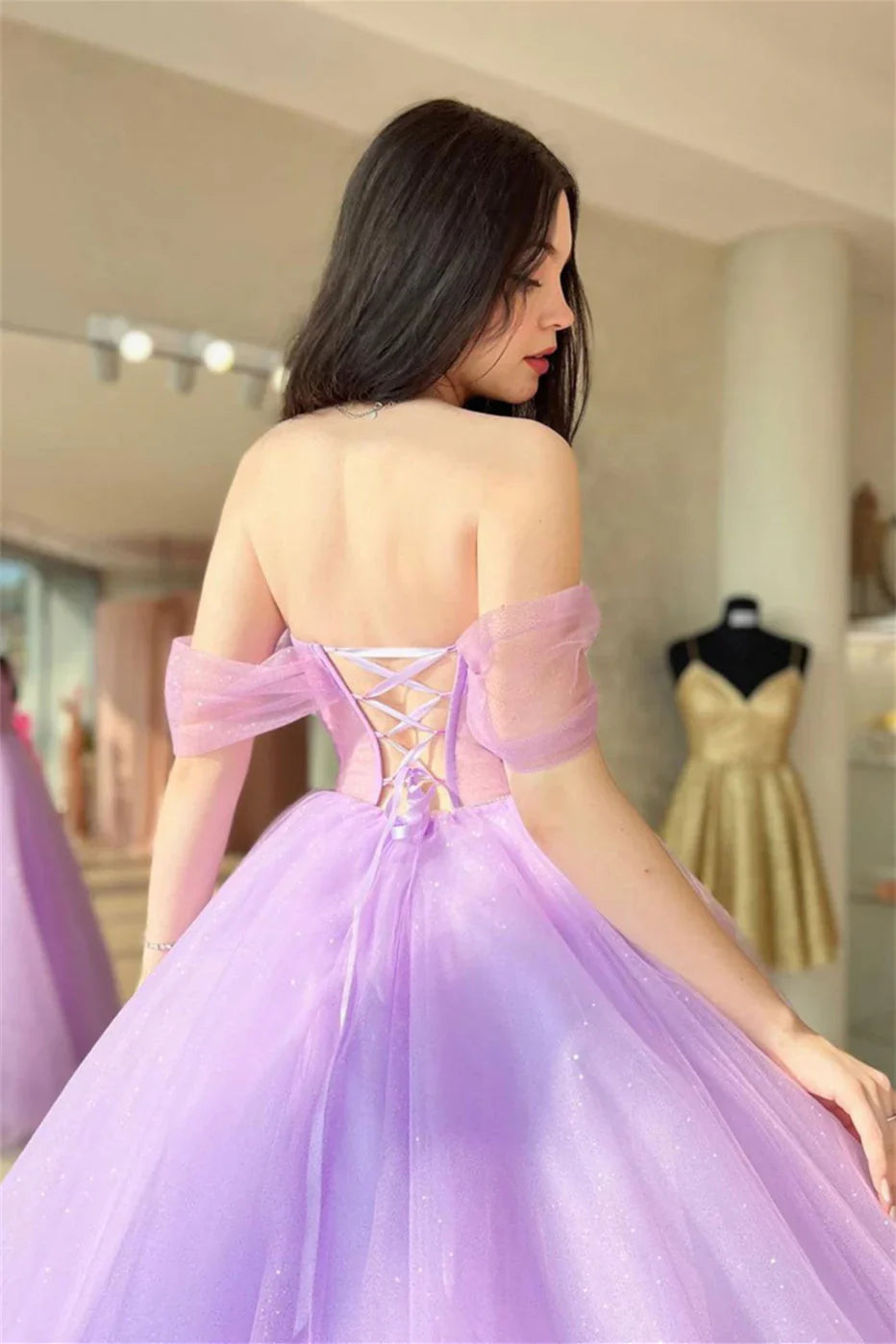 Weitese Formal Women's Dresses Lilac Off-the-Shoulder Lace-Up Tulle Long Prom Dress Prom Dresses Stores