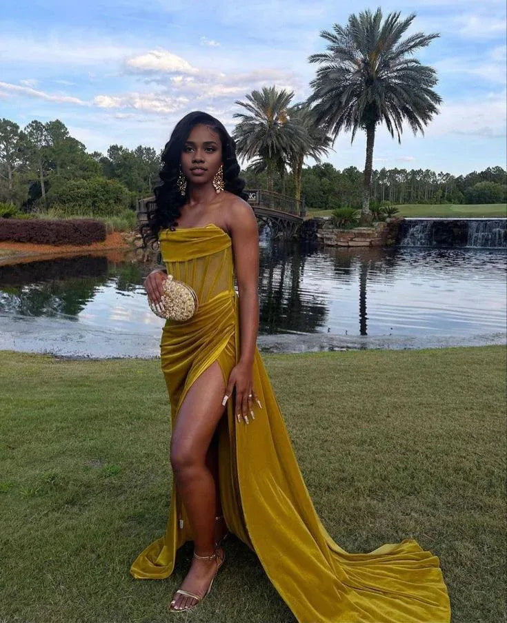 Weitese Formal Women's Dresses Strapless Velet Long Prom Dress with Slit Prom Clothing