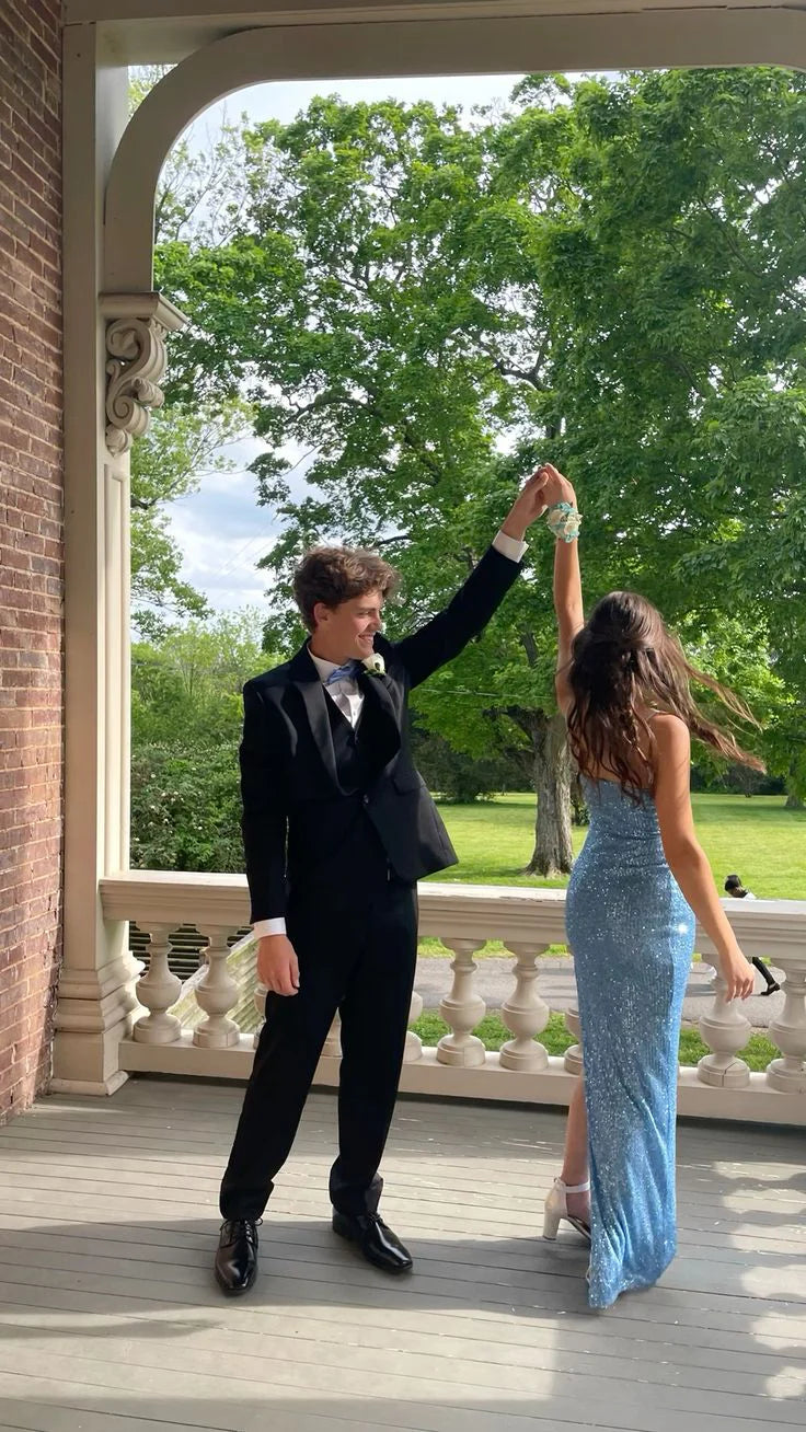 Weitese Formal Women's Dresses Light Blue Sequined Long Prom Dress with Slit Prom Clothing