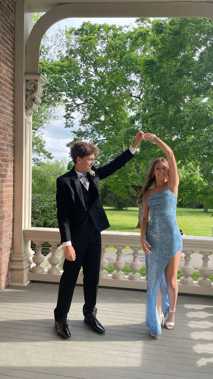 Weitese Formal Women's Dresses Light Blue Sequined Long Prom Dress with Slit Prom Clothing