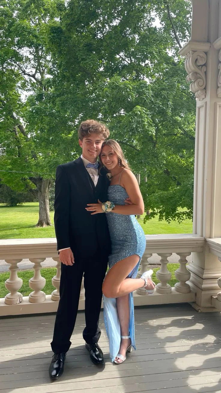 Weitese Formal Women's Dresses Light Blue Sequined Long Prom Dress with Slit Prom Clothing