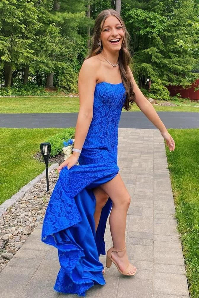 Weitese Formal Women's Dresses Royal Blue Strapless Long Prom Dress with Slit Prom Dress Stores