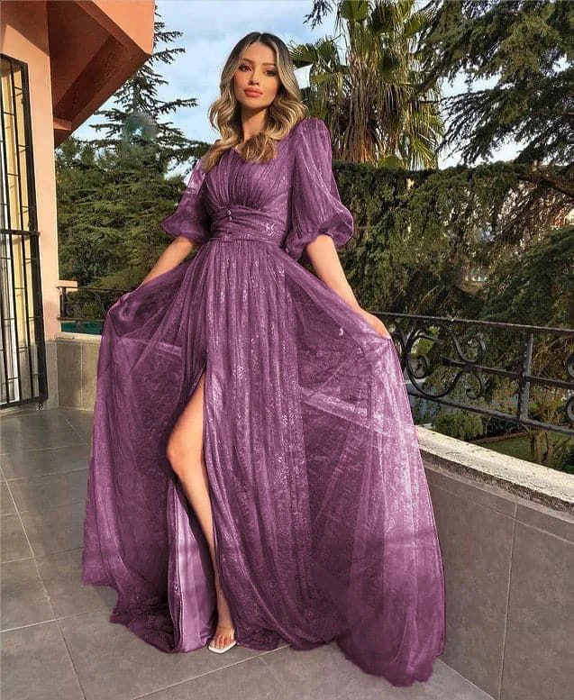 Weitese Formal Women's Dresses Sexy V-Neck Puffy High Waist Half Sleeve Long Prom Party Dress Prom Dresses Stores