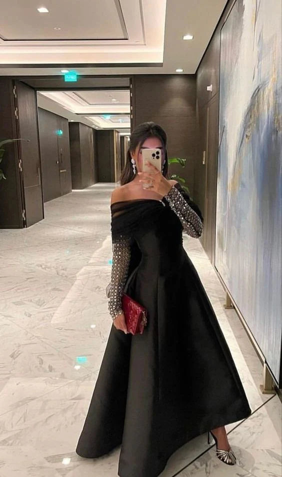 Weitese Formal Women's Dresses Black Dreamy Crystal Luxury Evening Dresses Long Sleeve Party Prom Dress Prom Dresses Stores