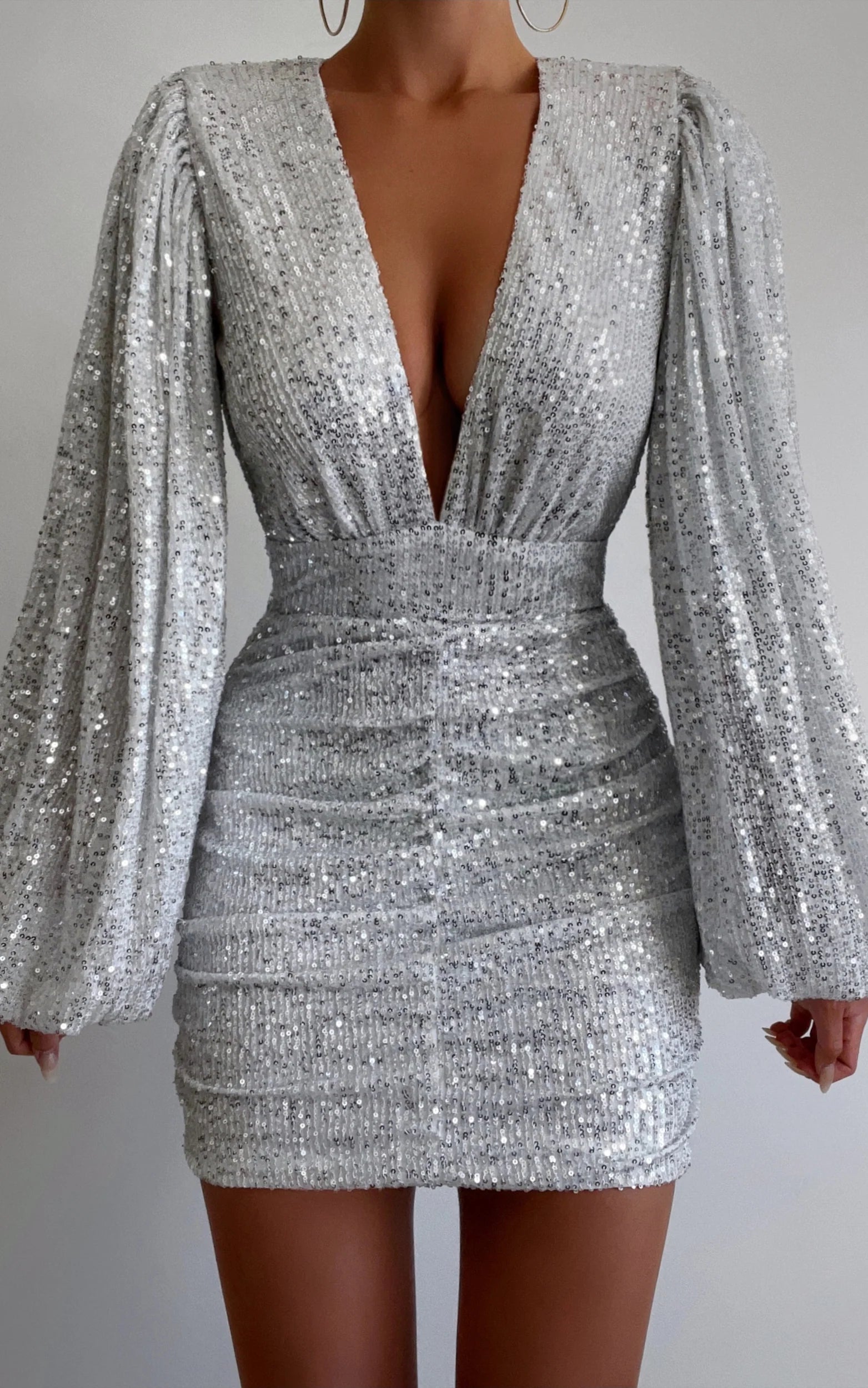 Long Sleeve Ruched Sequin Knee-Length Dress Silver Sheath Solid Color Fashion Sparkle & Shine Homecoming Dress
