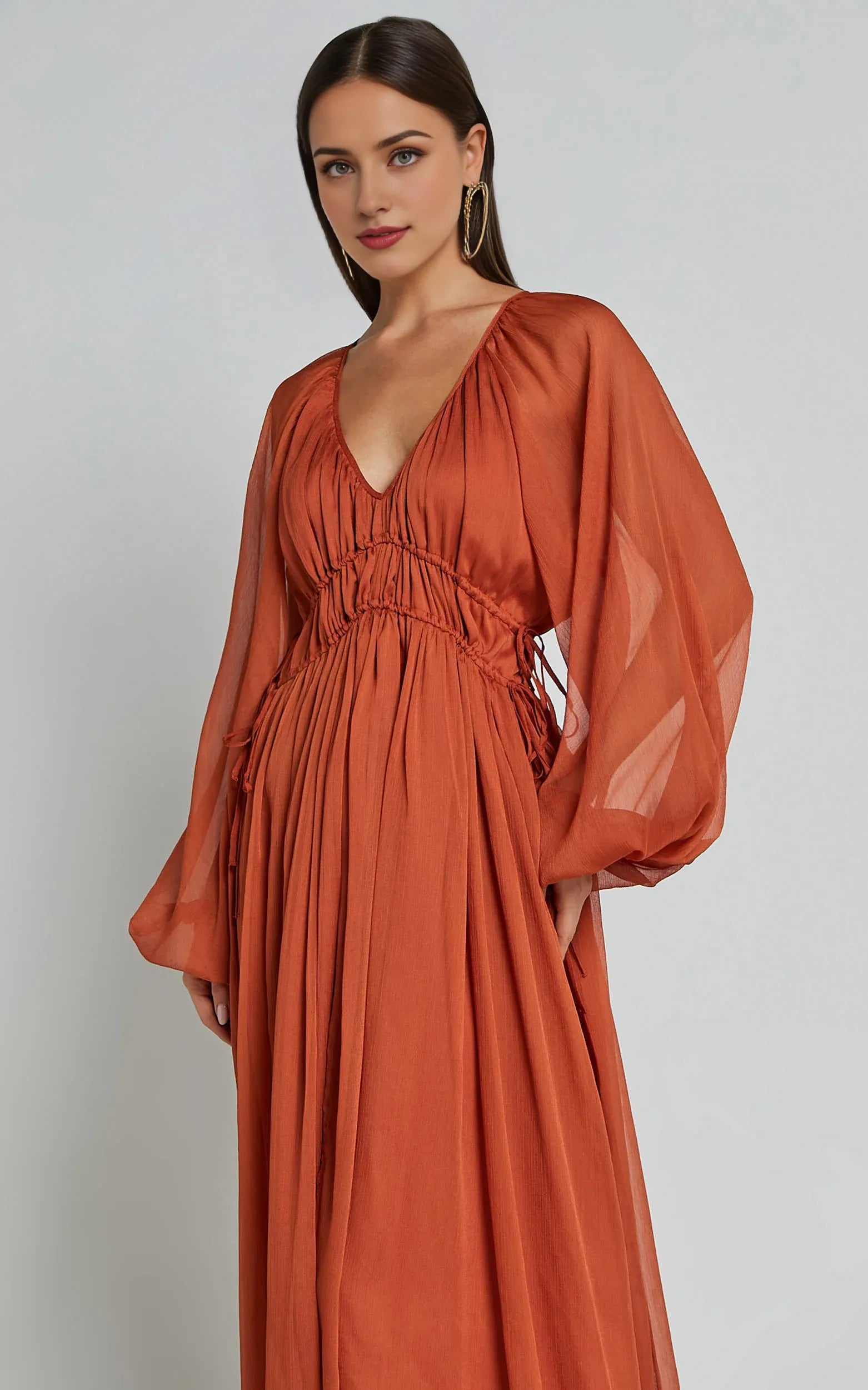 Long Sleeve Ruched Waist Ankle-Length Dress Rust Sheath Solid Color Modern V Neck Full Coverage Evening Dress
