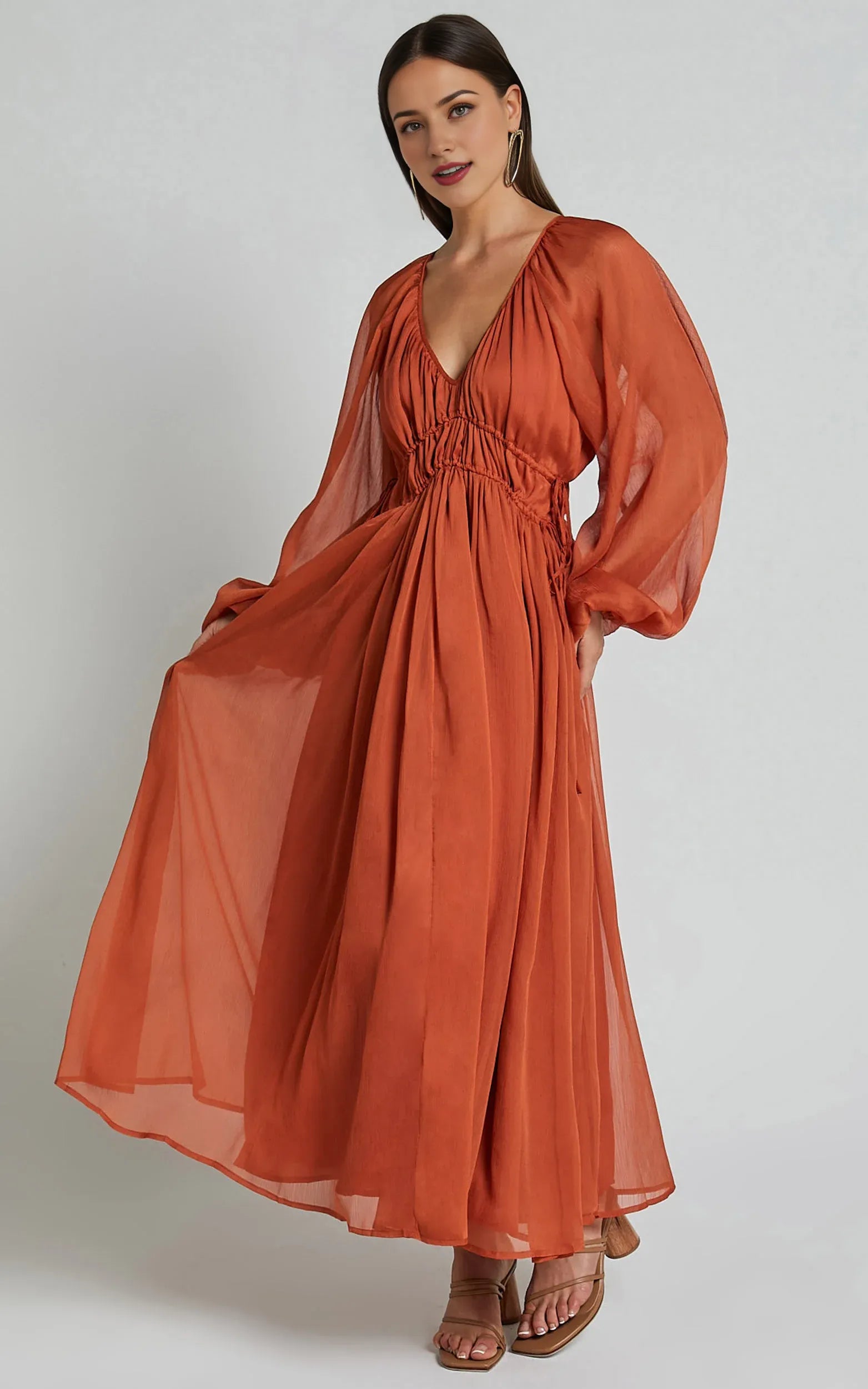 Long Sleeve Ruched Waist Ankle-Length Dress Rust Sheath Solid Color Modern V Neck Full Coverage Evening Dress