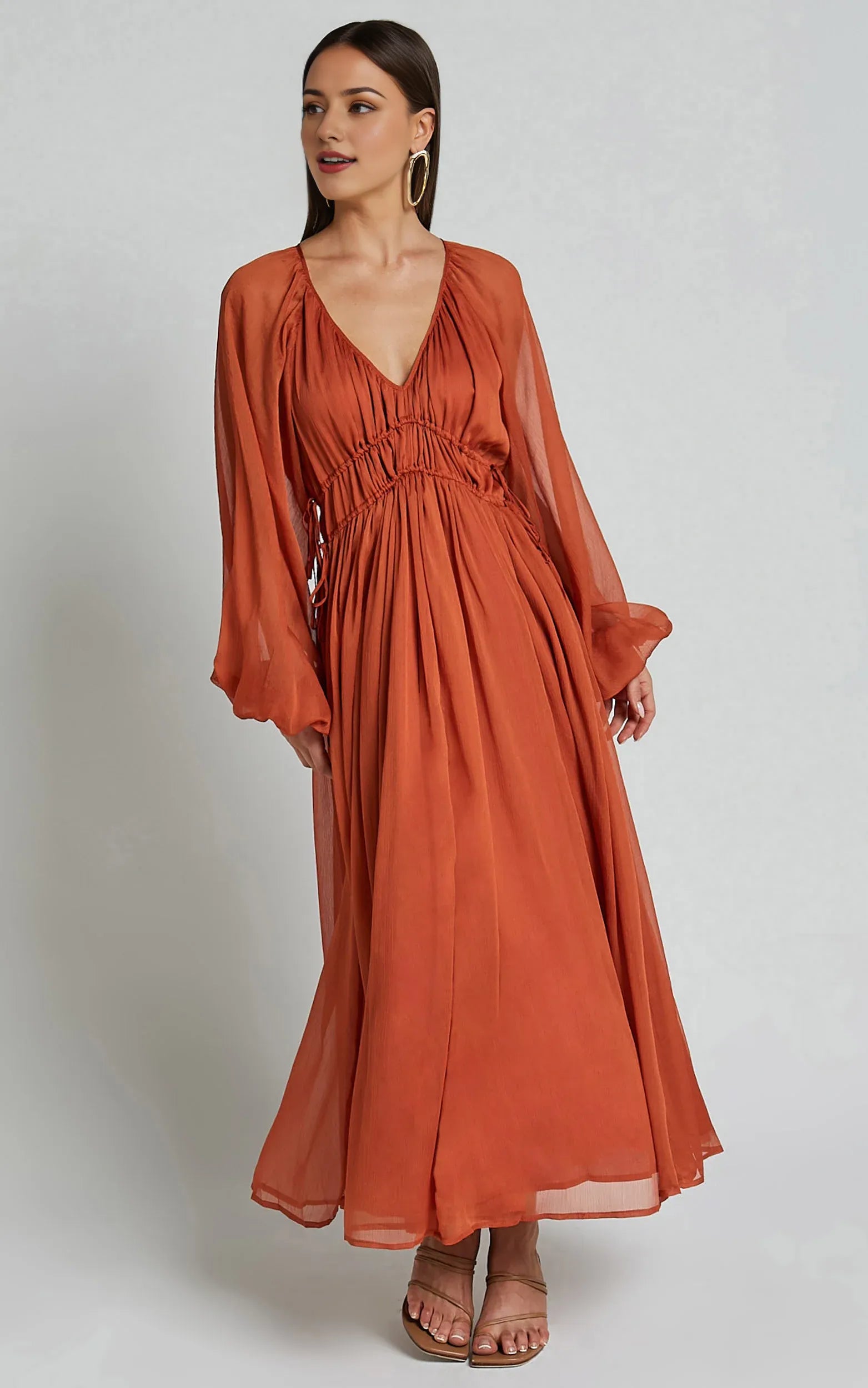 Long Sleeve Ruched Waist Ankle-Length Dress Rust Sheath Solid Color Modern V Neck Full Coverage Evening Dress