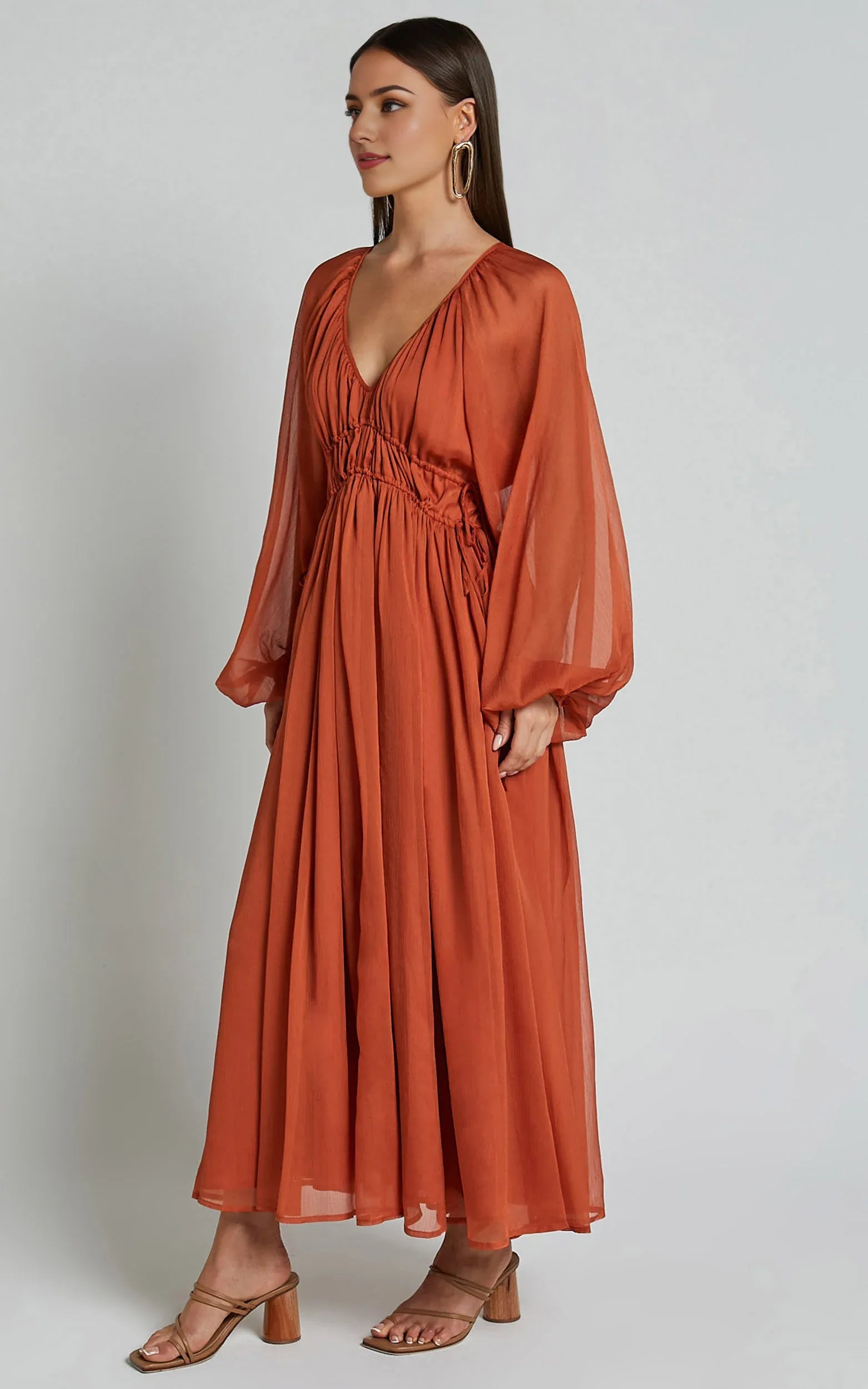 Long Sleeve Ruched Waist Ankle-Length Dress Rust Sheath Solid Color Modern V Neck Full Coverage Evening Dress