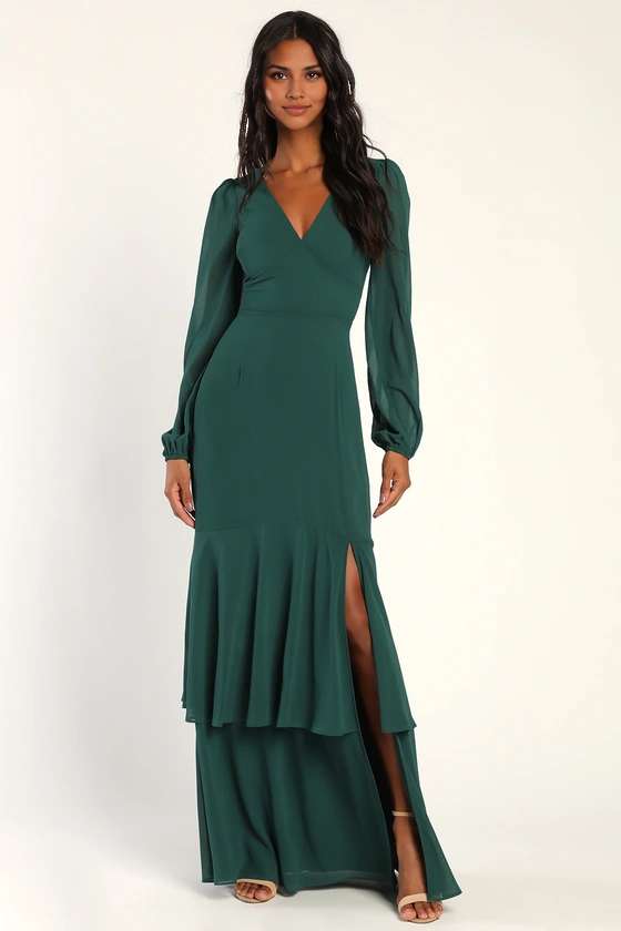 Weitese Formal Women's Dresses Tier Elegance Hunter Green Long Sleeve Tiered Maxi Dress Prom Dress Shops