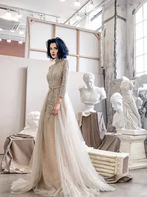 Long Sleeves Floor Length Simple A line High Neckline Tulle Champagne Long Prom Dress