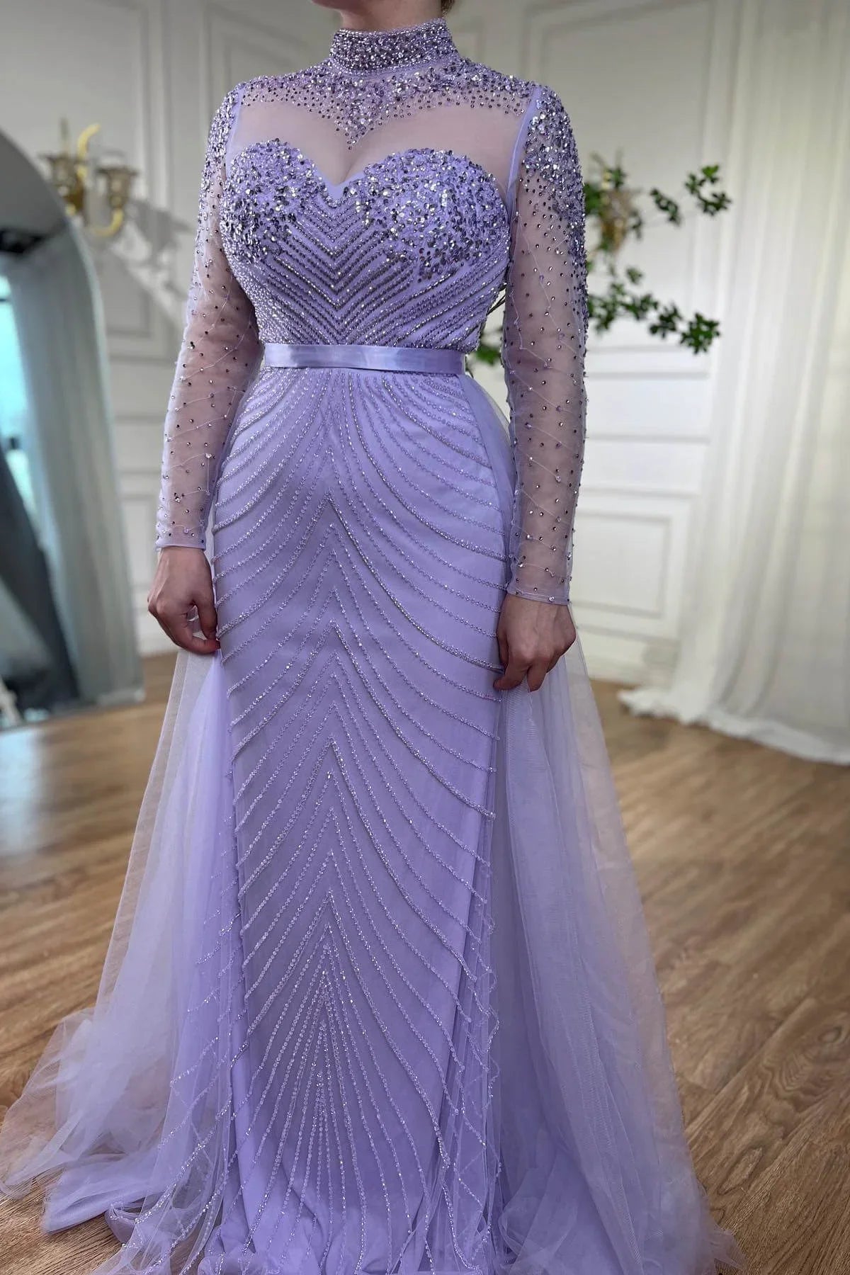 Weitese Formal Women's Dresses Lilac Elegant Beading Long Sleeves High Neck Tulle Formal Party Dress Prom Dress Stores