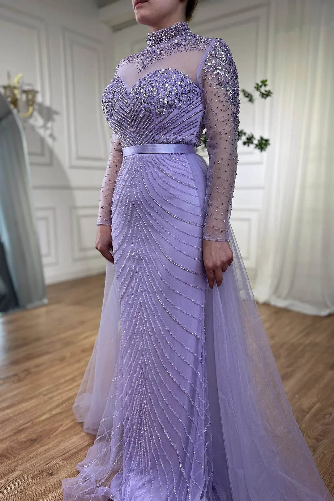 Weitese Formal Women's Dresses Lilac Elegant Beading Long Sleeves High Neck Tulle Formal Party Dress Prom Dress Stores