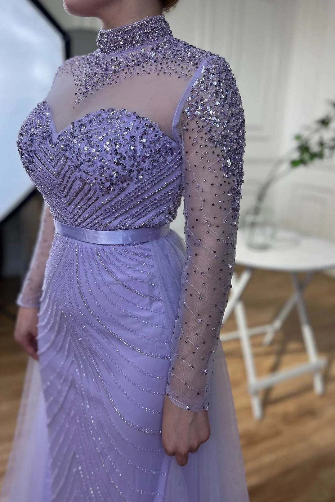 Weitese Formal Women's Dresses Lilac Elegant Beading Long Sleeves High Neck Tulle Formal Party Dress Prom Dress Stores