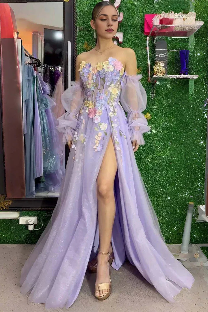 Robe de bal lavande à manches longues, épaules dénudées, sans bretelles, avec fleurs 3D