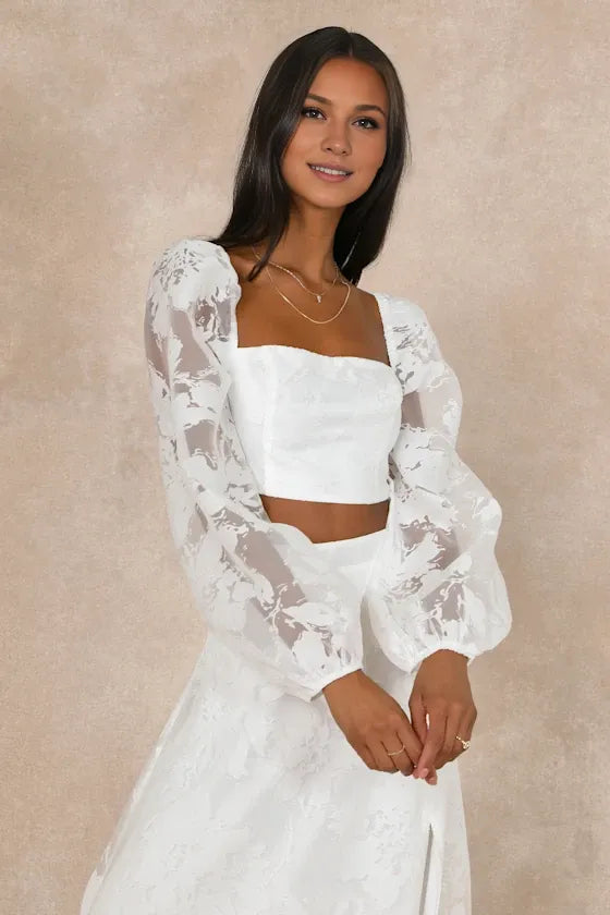 Long Sleeves Square Neck Outstanding Perfection White Floral Burnout Two-Piece Wedding Dress With Slit