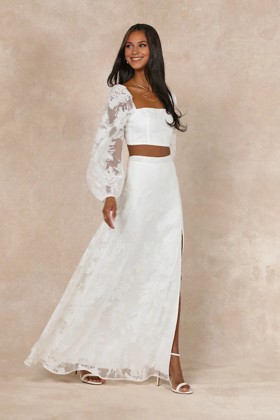 Long Sleeves Square Neck Outstanding Perfection White Floral Burnout Two-Piece Wedding Dress With Slit