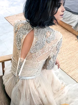 Long Sleeves Floor Length Simple A line High Neckline Tulle Champagne Long Prom Dress