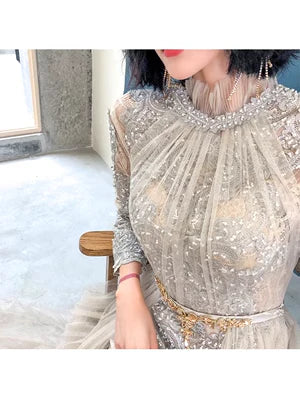 Long Sleeves Floor Length Simple A line High Neckline Tulle Champagne Long Prom Dress