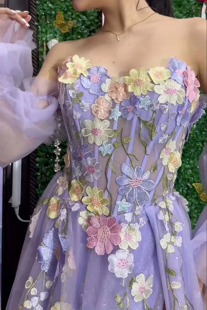 Robe de bal lavande à manches longues, épaules dénudées, sans bretelles, avec fleurs 3D