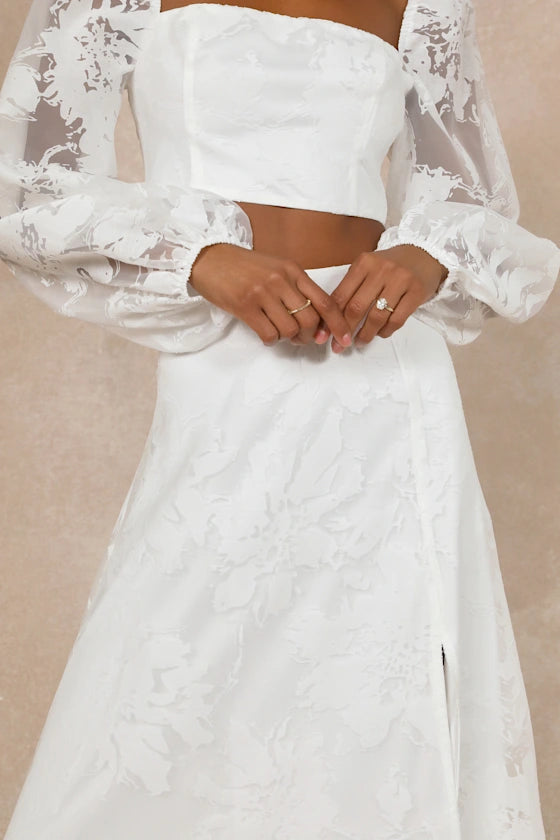 Long Sleeves Square Neck Outstanding Perfection White Floral Burnout Two-Piece Wedding Dress With Slit
