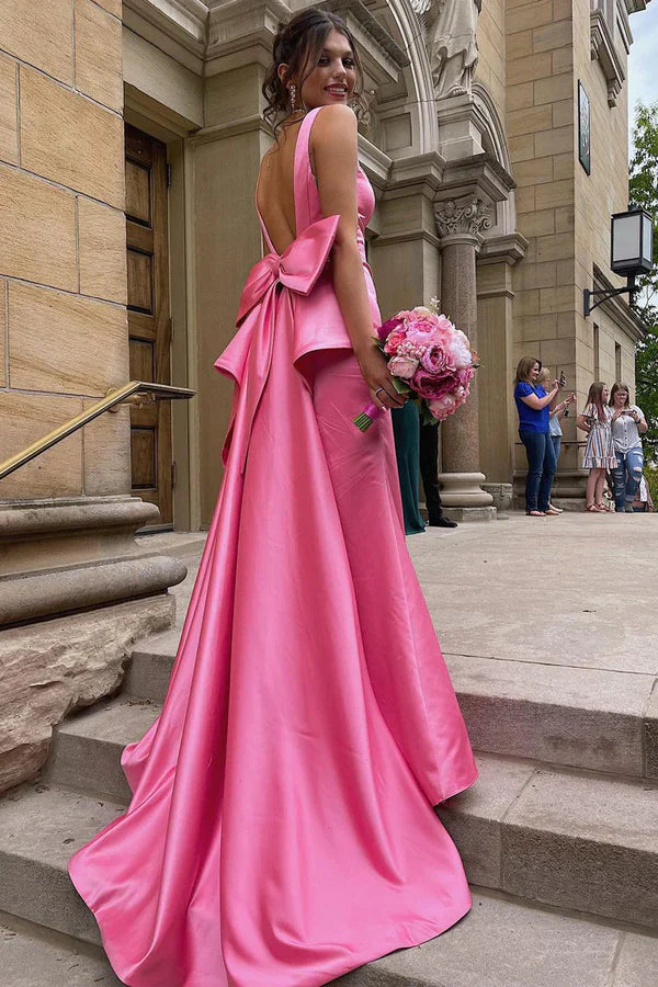 Weitese Formal Wear Dresses Pink V Neck Backless Long with Slit Prom Dress Stores With Prom Dresses Formal Women's Dresses