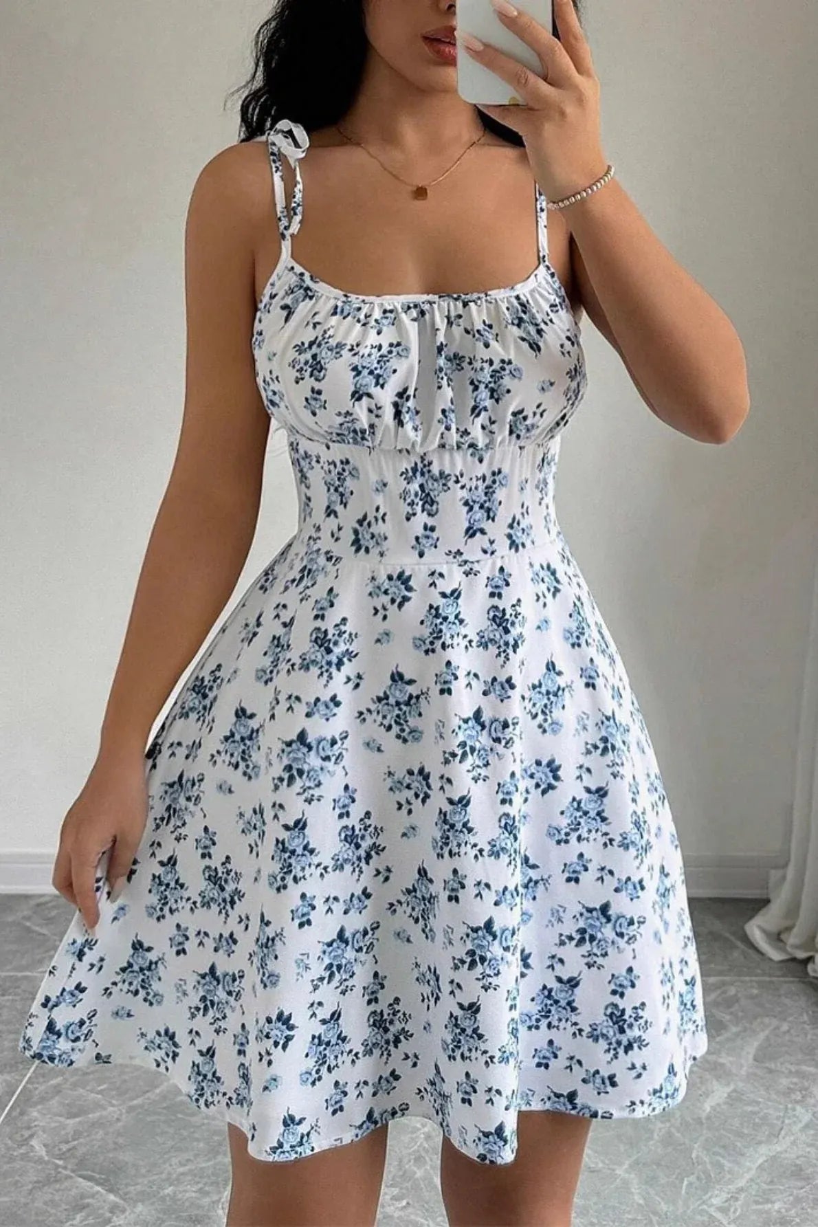 Lovely A-Line Spaghetti Strap Tie Corset Floral Print Blue Mini Homecoming Dress