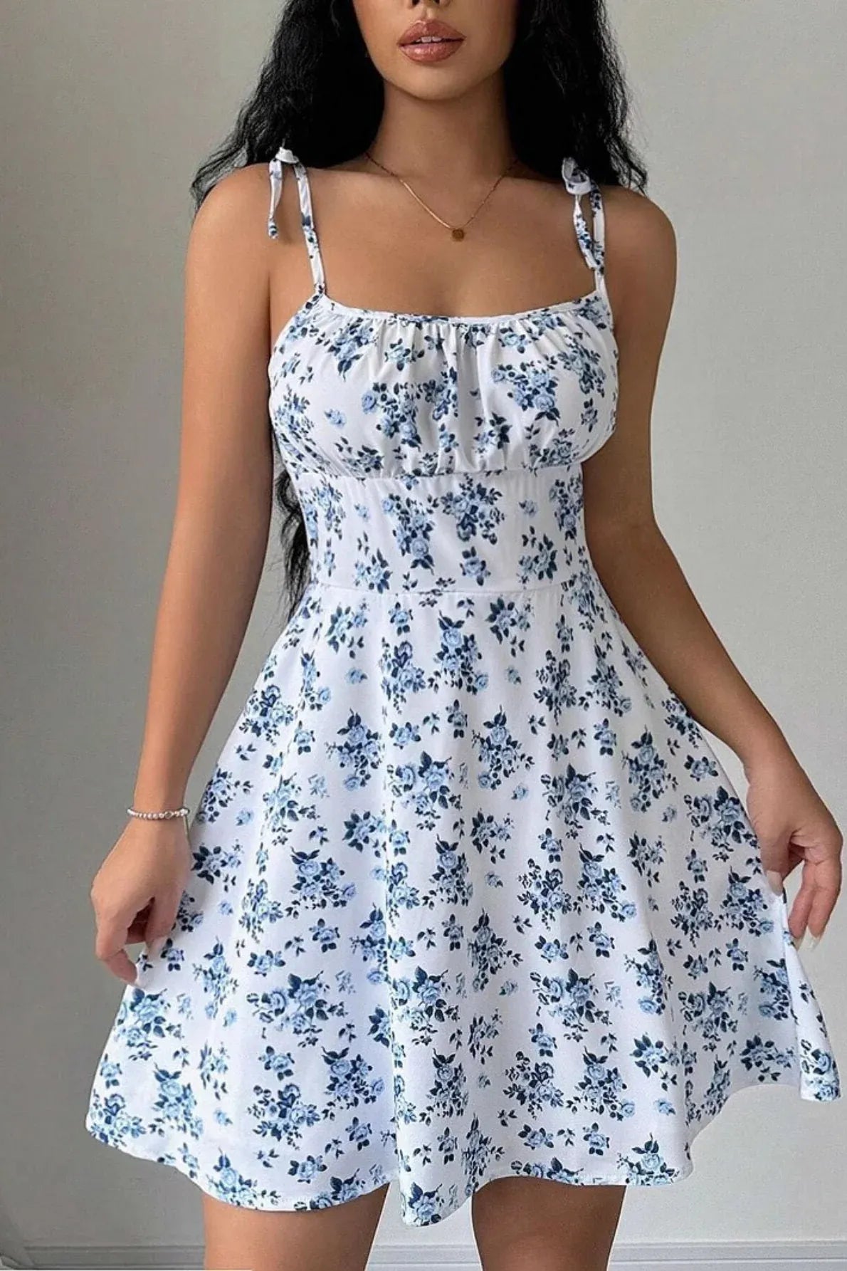 Lovely A-Line Spaghetti Strap Tie Corset Floral Print Blue Mini Homecoming Dress
