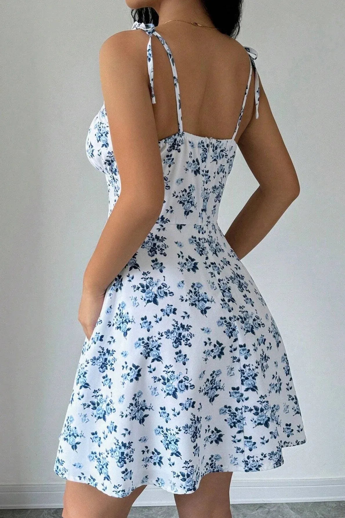 Lovely A-Line Spaghetti Strap Tie Corset Floral Print Blue Mini Homecoming Dress