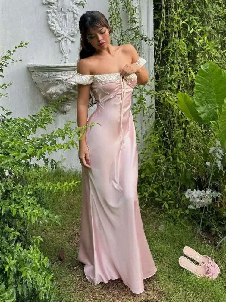 Lovely Mermaid Off-Shoulder Ruched Lace-Up Satin Blush Pink Floor-Length Prom Dress