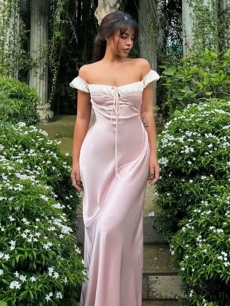 Lovely Mermaid Off-Shoulder Ruched Lace-Up Satin Blush Pink Floor-Length Prom Dress