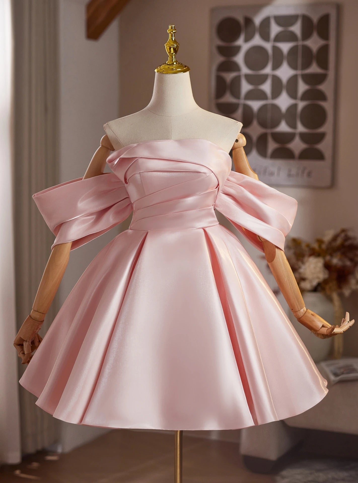 Lovely A-Line Off-Shoulder Puff Sleeve Ruched Satin Pink Short Homecoming Dress