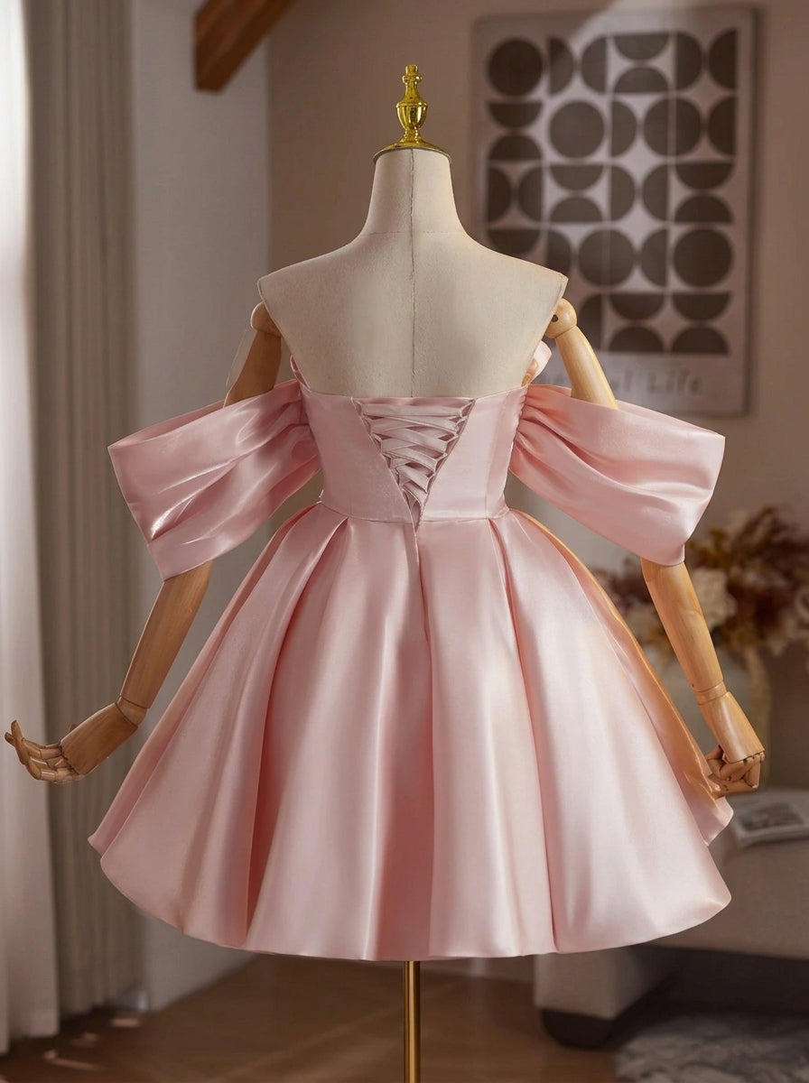 Lovely A-Line Off-Shoulder Puff Sleeve Ruched Satin Pink Short Homecoming Dress