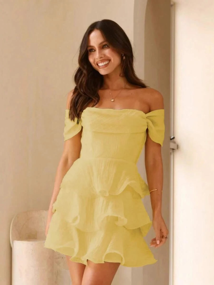 Lovely A-Line Off-Shoulder Ruffled Tiered Textured Pastel Yellow Mini Homecoming Dress