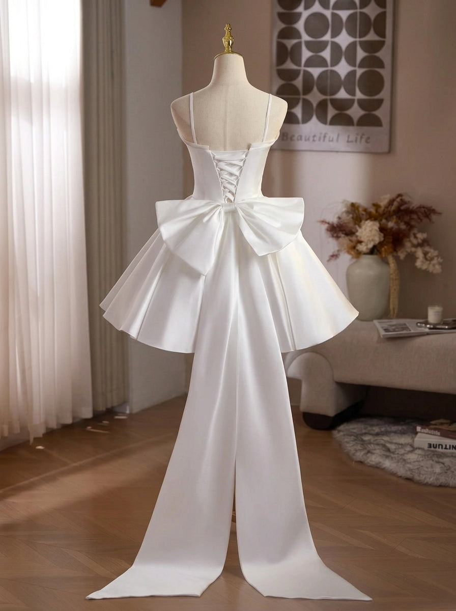 Lovely A-Line Spaghetti Straps Bow-Back Satin White Mini Homecoming Dresses
