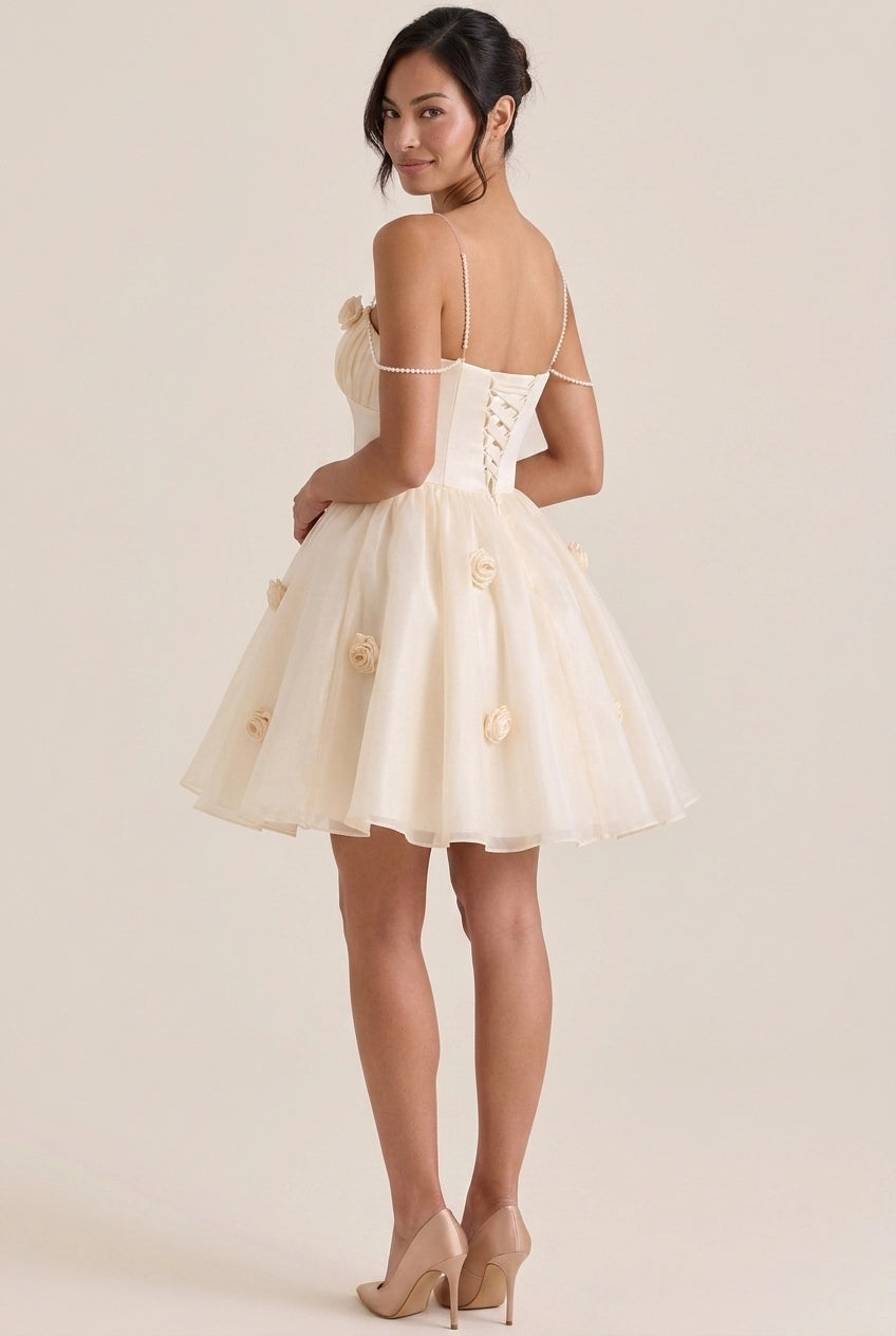 Lovely A-Line Strapless Floral Applique Pearl Champagne Short Homecoming Dresses
