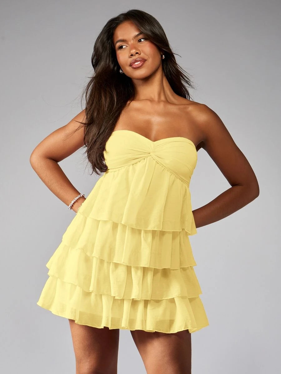 Lovely A-Line Strapless Twist Ruffled Tiered Pale Yellow Mini Homecoming Dress