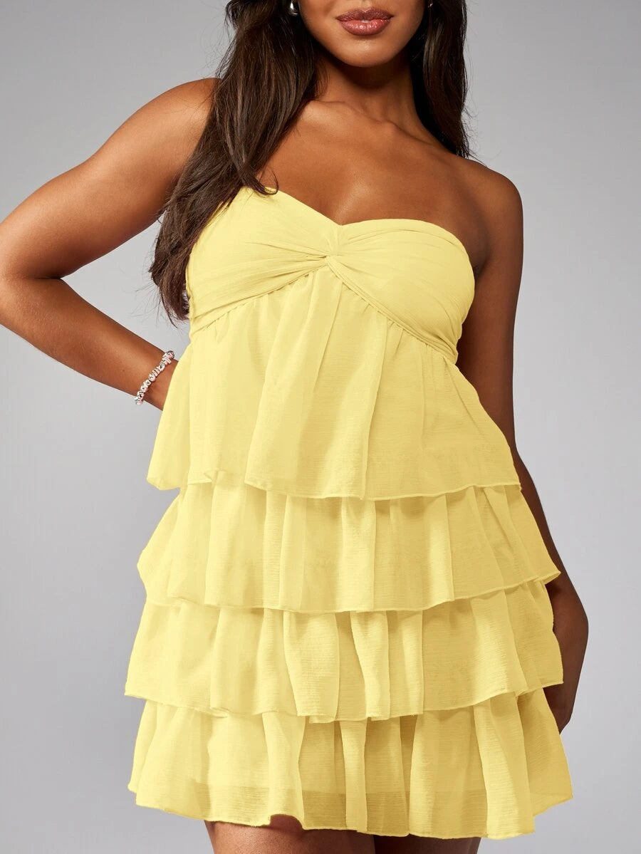Lovely A-Line Strapless Twist Ruffled Tiered Pale Yellow Mini Homecoming Dress