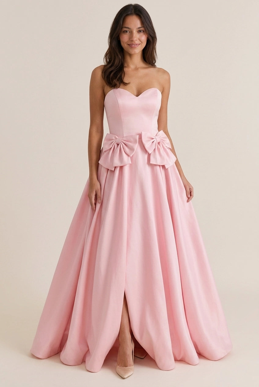 Lovely A-Line Sweetheart Bow Satin Pink Floor-Length Prom Dress Ready To Ship